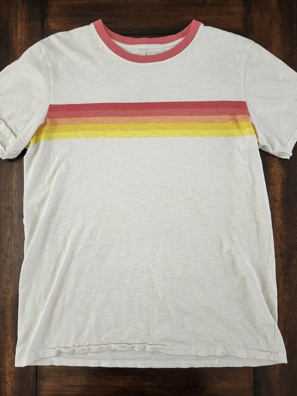 Primary White Short-Sleeve Crewneck Tee Red and Yellow Stripe Chest Men's Medium